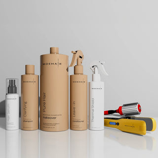 Hair Treatment - Pack of Hair Serum, Clarifying Shampoo, Thermal Shield, Conditioner , Flat Iron and Hair Brush