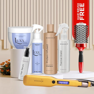 Set of- Shampoo, Serum, Conditioner, Mask, Thermal Shield & Flat Iron