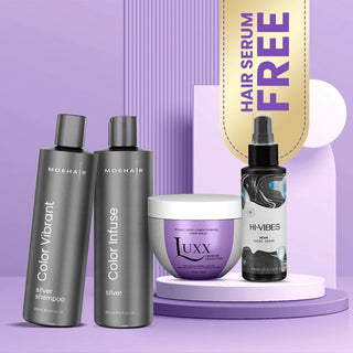 Pack of Color Infuse Silver and Color Vibrant Silver Shampoo with Luxx Violet Deep Conditioning Mask Moehair USA