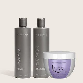 Pack of Color Infuse Silver and Color Vibrant Silver Shampoo with Luxx Violet Deep Conditioning Mask Moehair USA