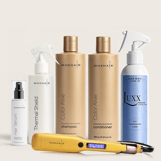 Pack of Color Alive Shampoo & Conditioner with Luxx Leave-In Conditioner, Flat Iron, Thermal Shield & Serum Moehair USA