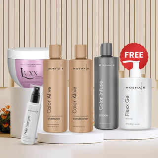 Pack of Color Alive Shampoo & Conditioner with Violet Deep Conditioning Mask, Color Infuse Blonde Toner & Serum Moehair USA