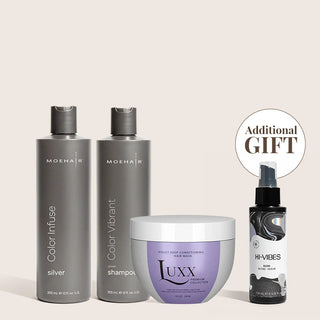 Pack of Color Infuse Silver and Color Vibrant Silver Shampoo with Luxx Violet Deep Conditioning Mask Moehair USA