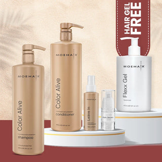 Pack of Color Alive Shampoo, Conditioner, Mini Hair Serum, & Mini Leave-in Conditioner with free hair gel