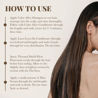 Pack of Color Alive Shampoo & Conditioner with Luxx Leave-In Conditioner, Flat Iron, Thermal Shield & Serum Moehair USA