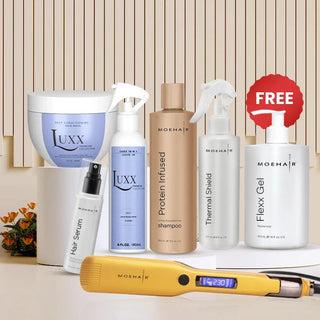 Pack of Protein Infused Shampoo, Thermal Shield, Flat Iron & Serum with Luxx Leave-in Conditioner & Deep Conditioning Mask Moehair USA