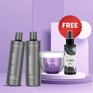 Pack of Color Infuse Blonde and Color Vibrant Blonde Shampoo with Luxx Violet Deep Conditioning Mask Moehair USA