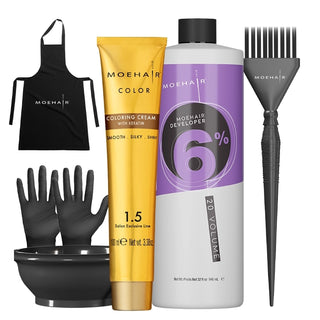 Pack of 6N hair color with 20 volume developer, hair gloves, apron, hair brush and bowl