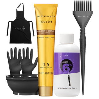 Pack of 6N hair color with 20 volume developer, hair gloves, apron, hair brush and bowl