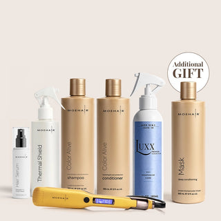 Pack of Color Alive Shampoo & Conditioner with Luxx Leave-In Conditioner, Flat Iron, Thermal Shield & Serum Moehair USA
