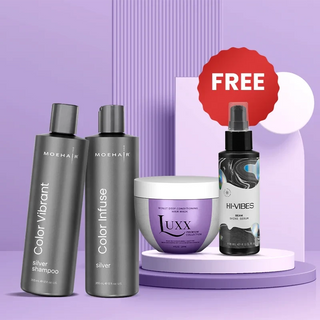 Pack of Color Infuse Silver and Color Vibrant Silver Shampoo with Luxx Violet Deep Conditioning Mask Moehair USA