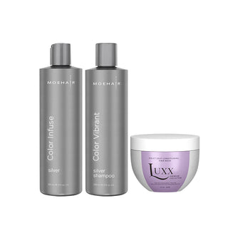 Trio of color infuse silver toner, silver shampoo and Luxx violet deep conditioning hair mask 