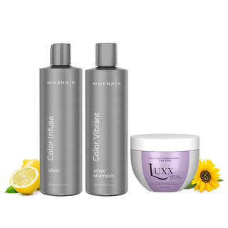 Trio of color infuse silver toner, color protect shampoo and luxx  deep conditioning hair mask